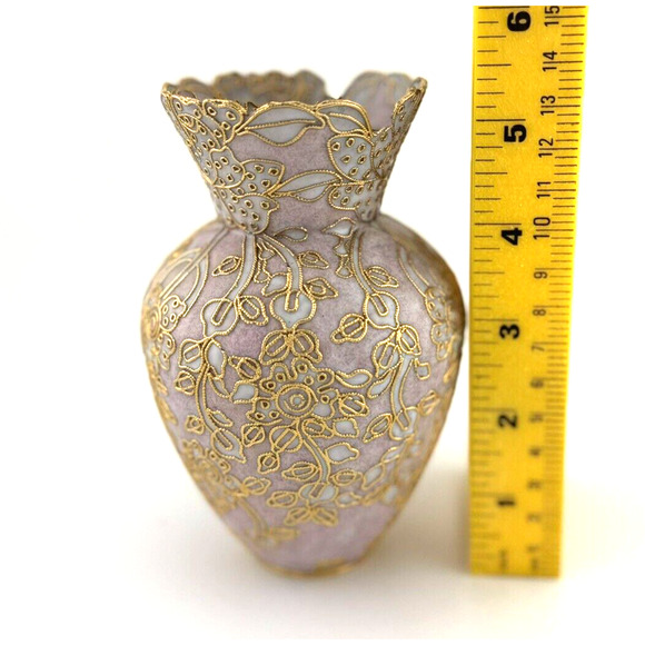 LOVELY - VTG Cloisonne Enamel Pink & Gold Flowers Vase 5 1/4in tall Twisted Wire - Picture 10 of 10